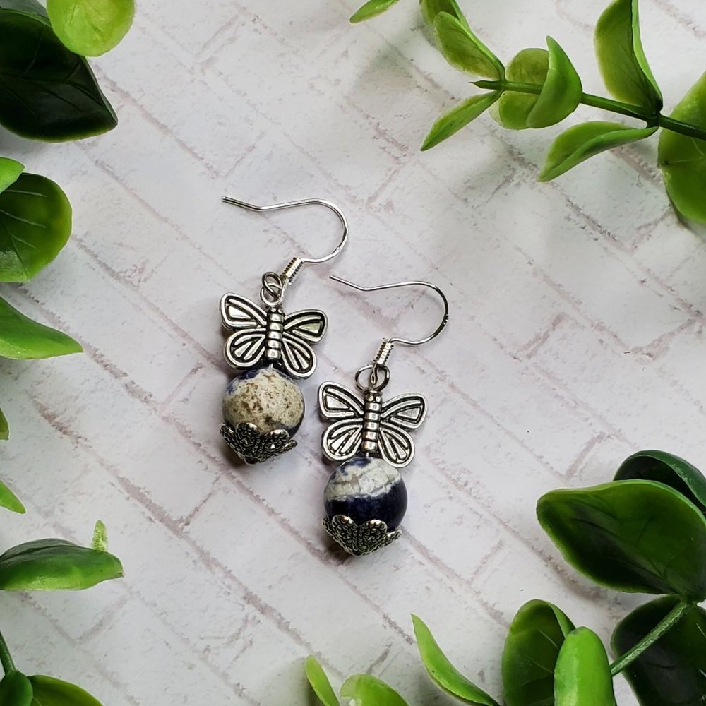 3/$25 Butterfly Earrings Blue White Sodalite Stone Beads Dangles